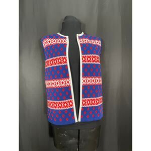 Vintage, Mid Century Women's Knitted Vest, Blue, Red and White Fair Isle Pattern